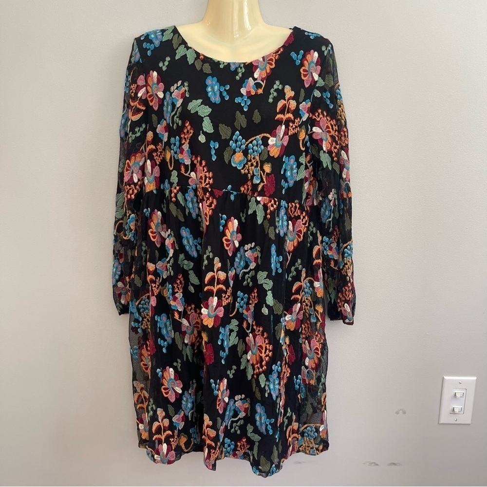 Philosophy Dress Womens L Black Embroidered Mesh Empire Waist Floral Black